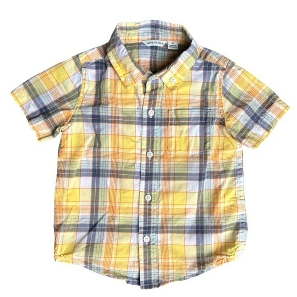 Janie & Jack 2T Boys Yellow Blue Plaid short sleeve cotton button down shirt